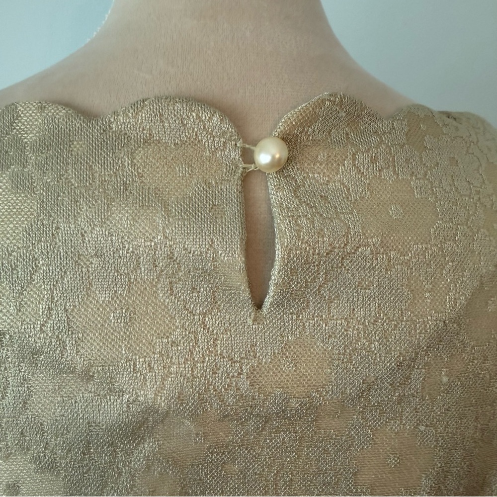 💚 Vintage Sage Green Sheer Jacquard Belted Midi Dress Scalloped Neck - Picture 8 of 14